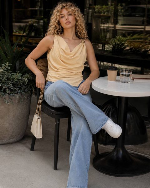 Women Shoulder Pleated Draped Cowl Neck Sleeveless Top