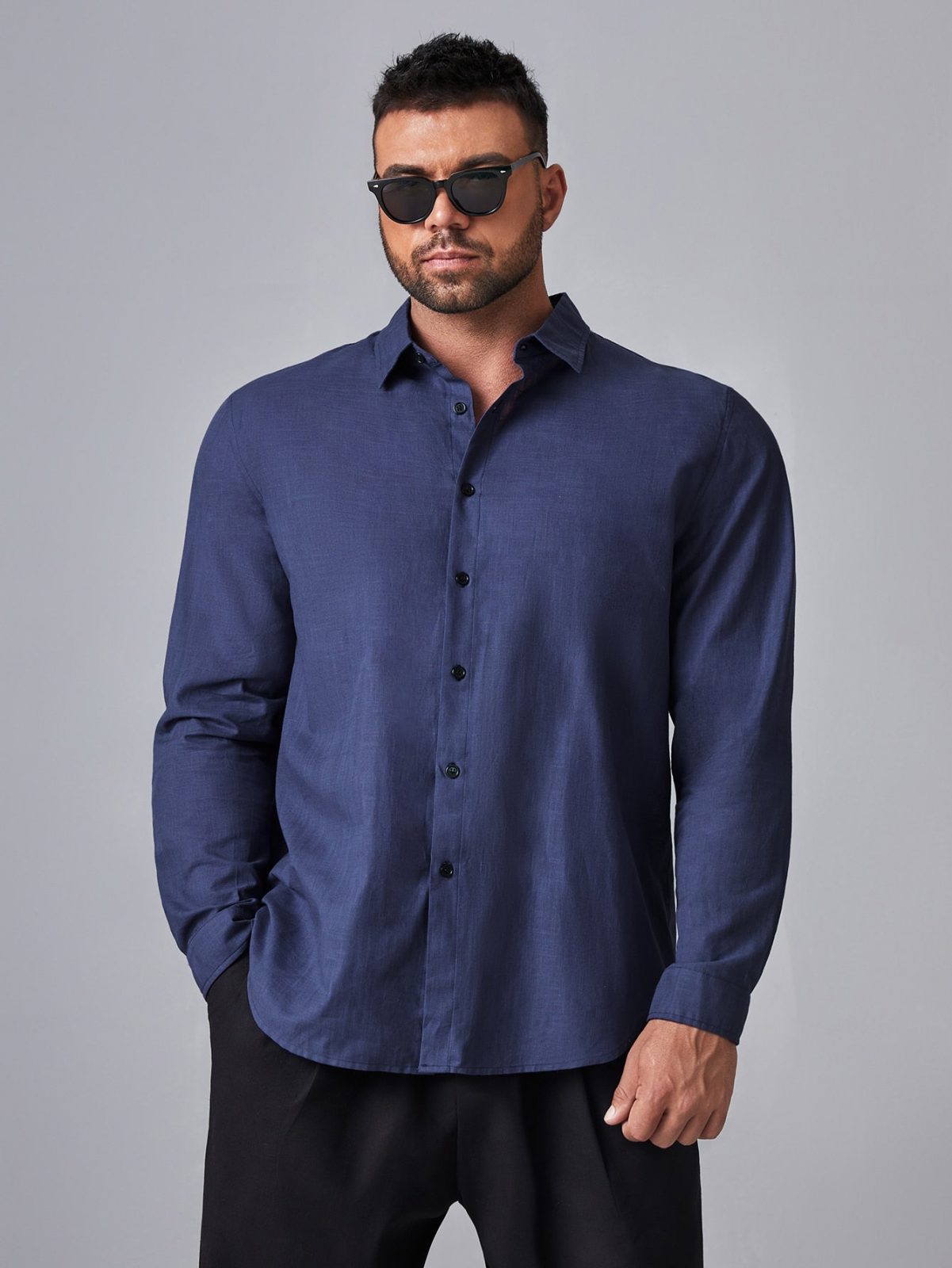 Navy Blue Solid Button Front Curved Hem Shirt