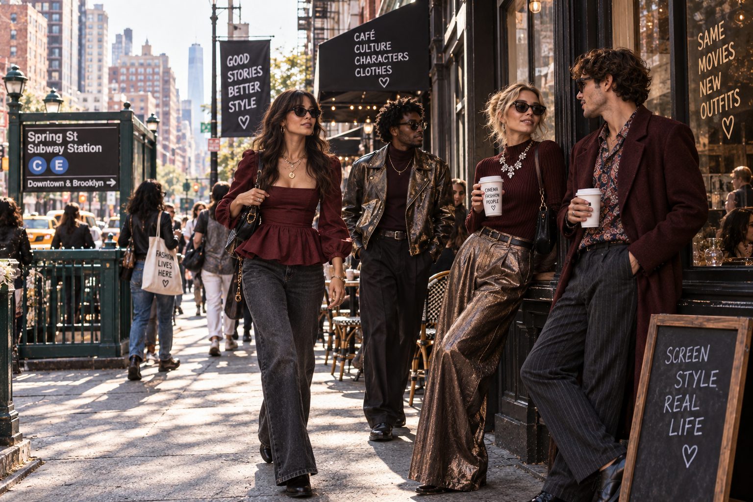 Models in New York street fashion, showcasing nostalgic trends with a lively urban backdrop.