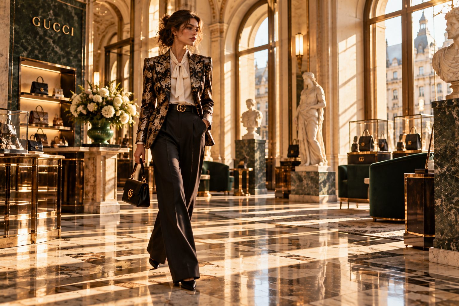 Model in fitted blazer and trousers walking through an elegant Gucci store.