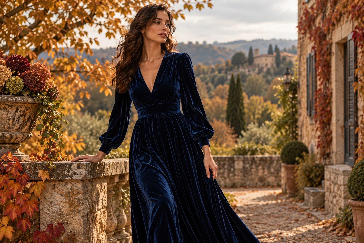 Model in navy velvet dress in rustic outdoor setting, looking off-frame.