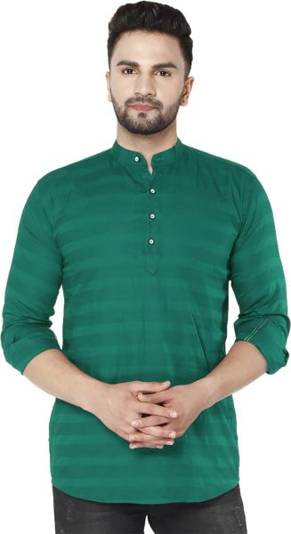 Mandarin Collar Three Quarter Sleeve Striped Straight Kurta