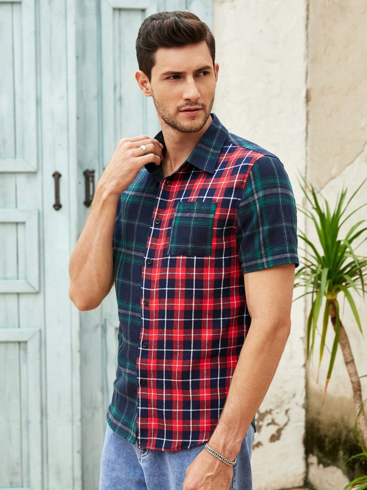 Plaid Print Colorblock Button Front Shirt