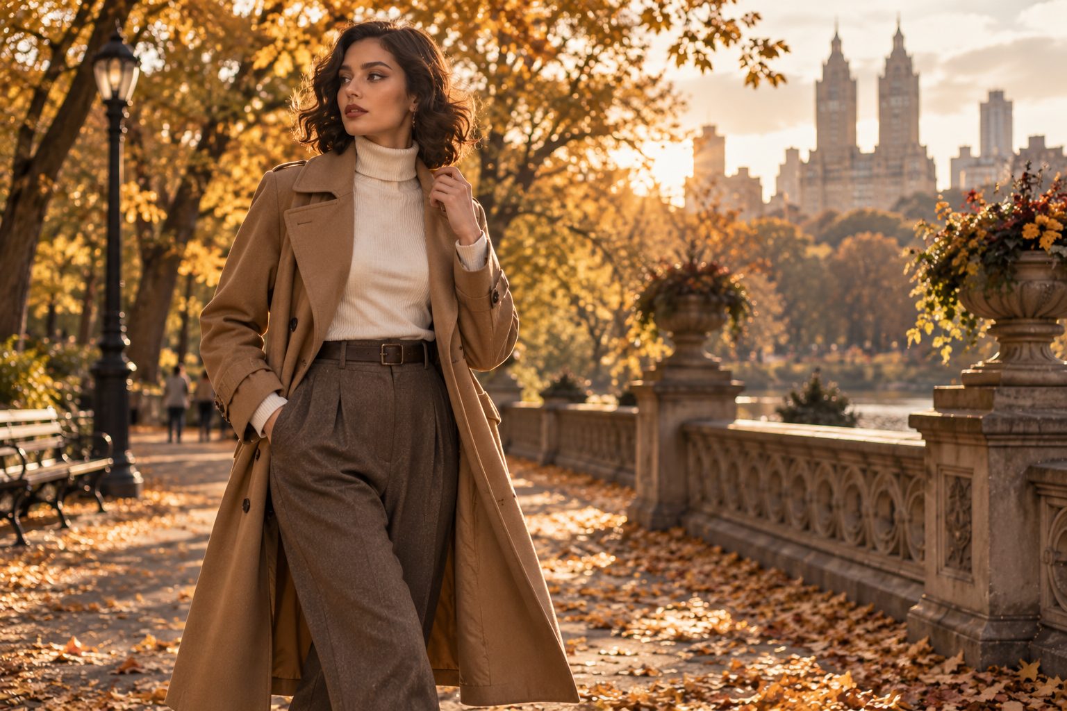 Model in tailored camel trench coat in autumn park, warm golden hour light.
