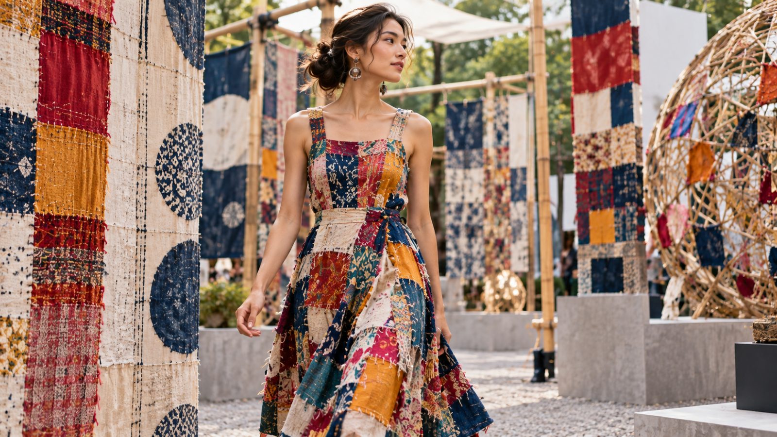 Model in a colorful patchwork dress, walking through an outdoor art installation.