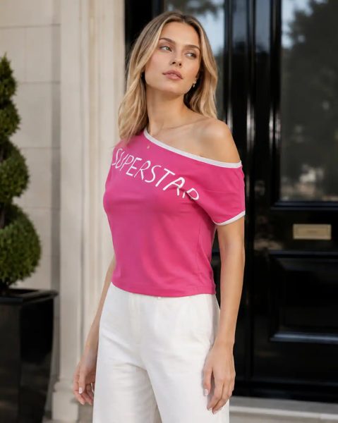 One Shoulder Contrast Trim Typographic Print Top