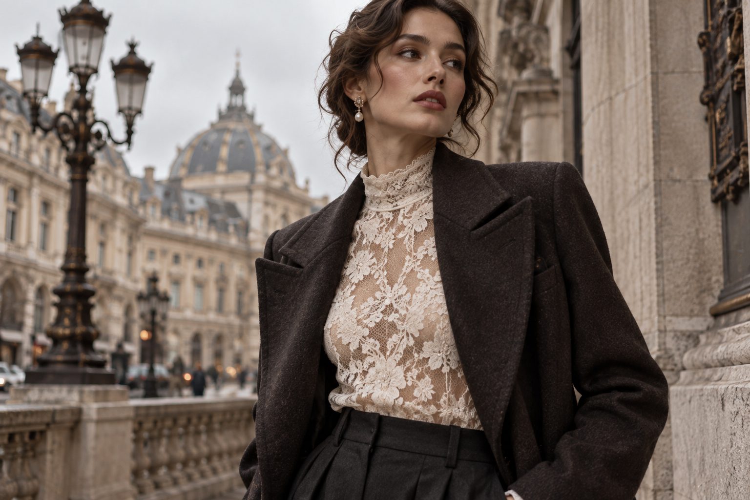 Model in a lace top and tailored coat by vintage architecture.