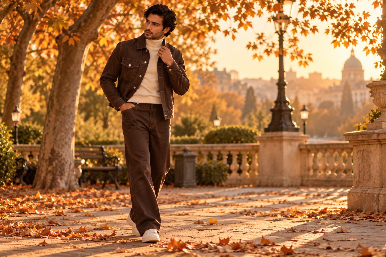Model in chocolate-brown denim surrounded by autumn leaves in golden hour light.