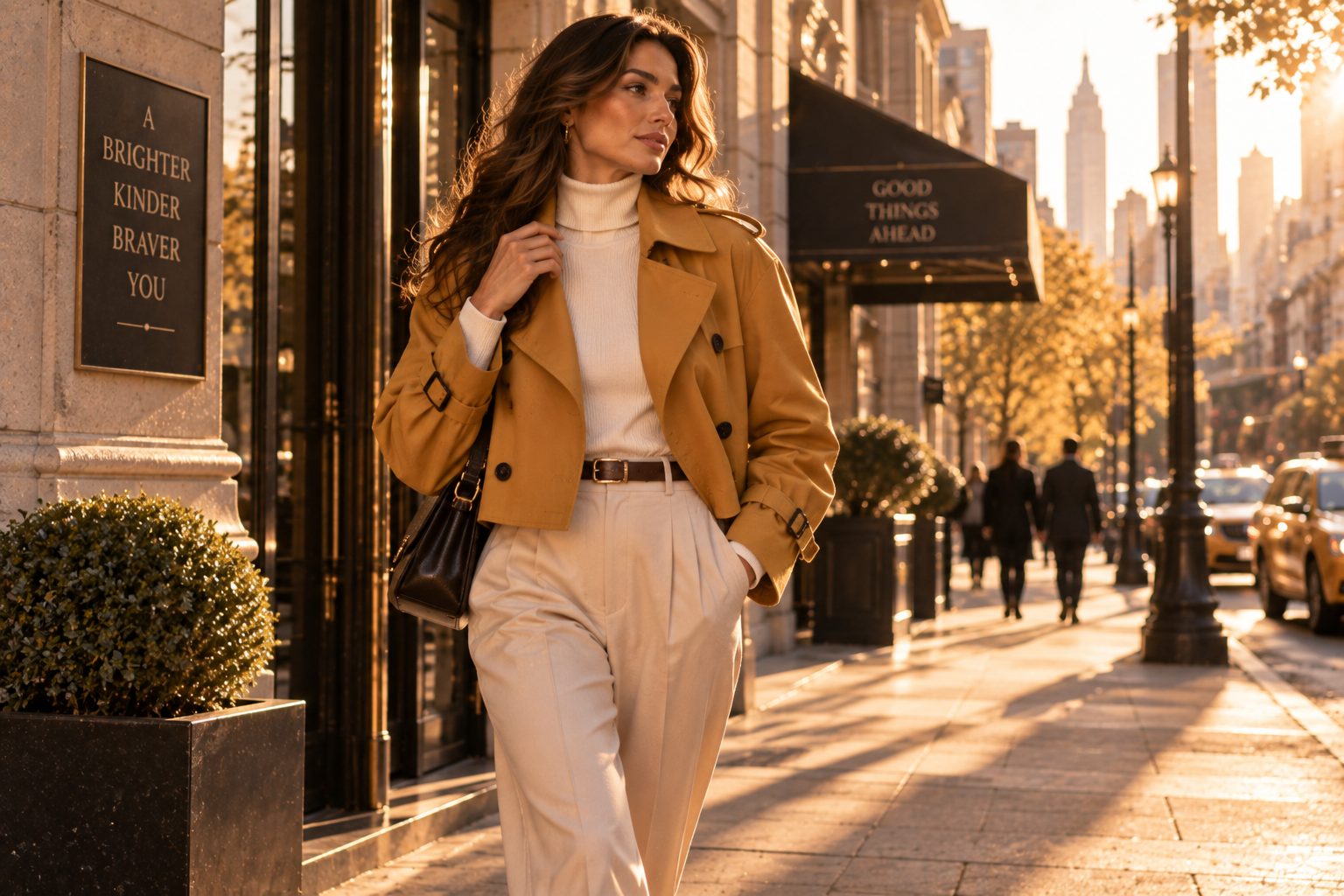Model in a mustard cropped trench coat against a modern urban backdrop during golden hour.