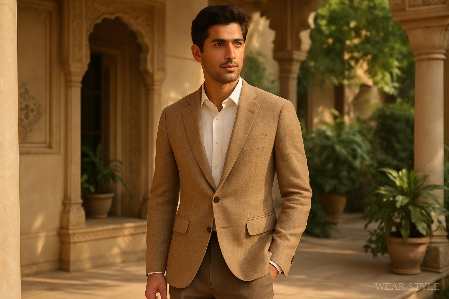 Male model in khadi blazer in a sunlit Indian courtyard, showcasing quiet luxury.