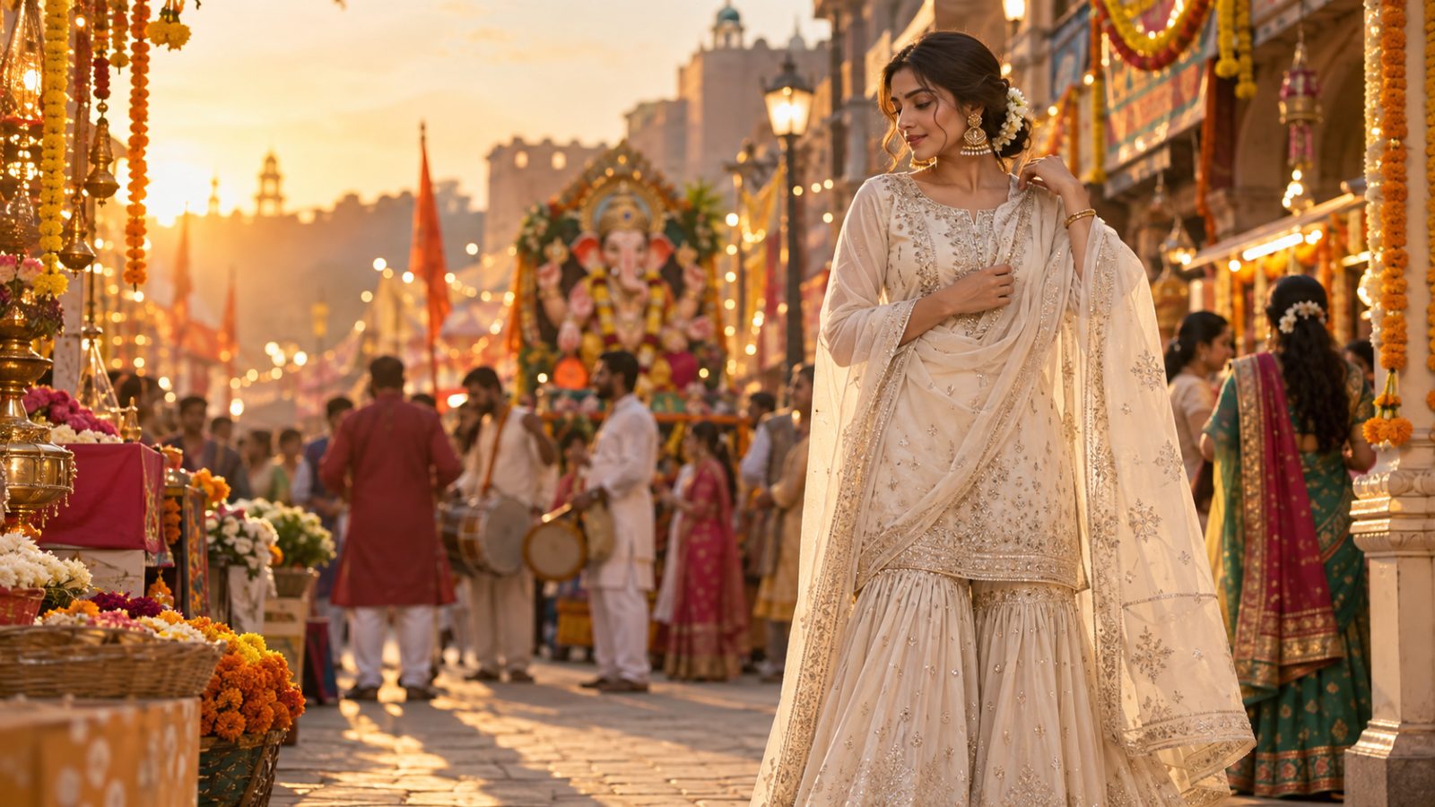 Elegant woman in ivory sharara set adjusting her dupatta during festive celebrations.