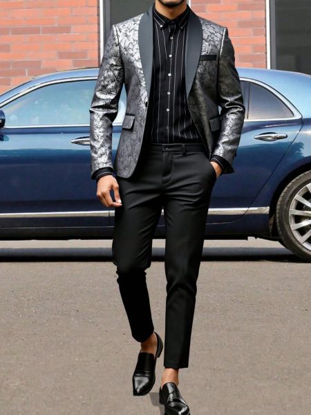 Single Breasted Shawl Collar Silver Patterned Blazer