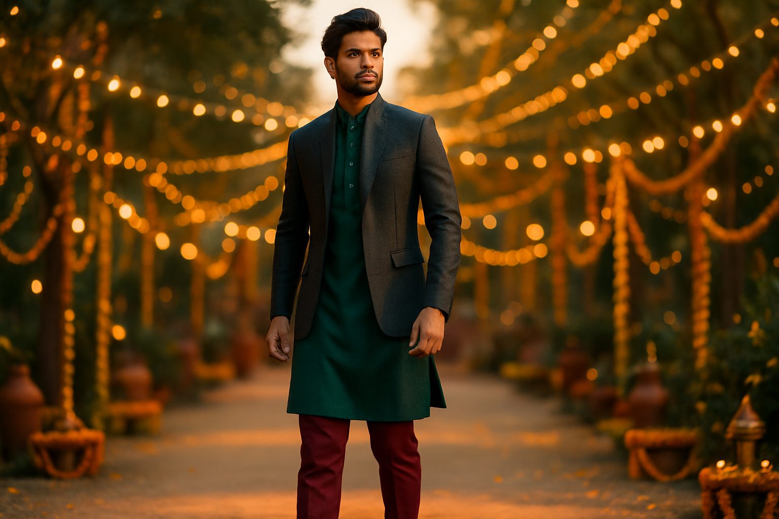 Indian male model in Indo-Western fusion festive wear amidst festive decor.