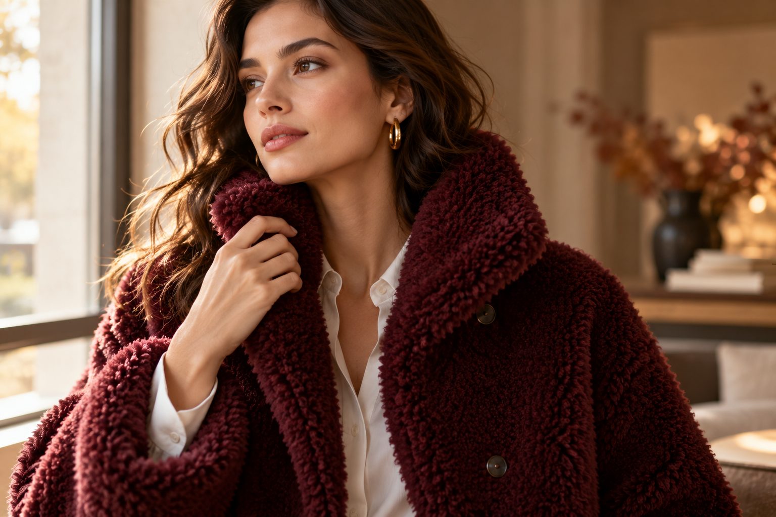 Close-up of model in burgundy shearling coat with funnel neck.