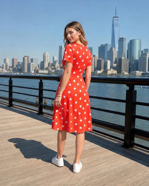 Short Sleeve Novelty Heart Print Panelled A-Line Dress