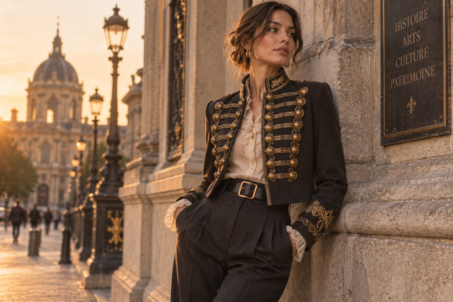 Model in charcoal Napoleon jacket against a historical building.