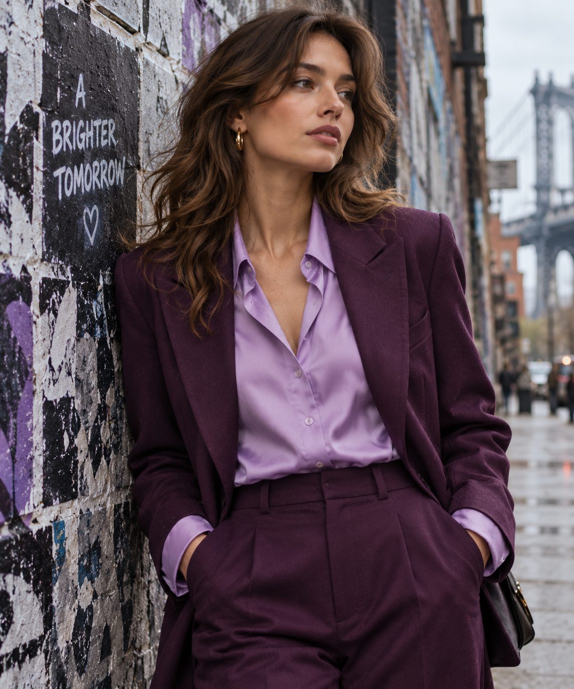 Close-up of model in eggplant suit with lilac shirt against urban backdrop.