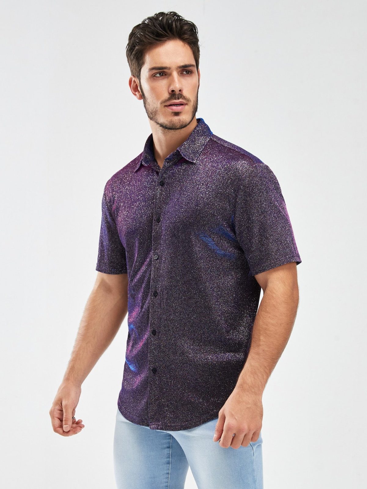 Purple Button Front Glitter Short Sleeve Shirt
