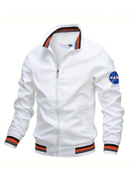 Funnel Neck Woven Letter Graphic Striped Trim Bomber Jacket