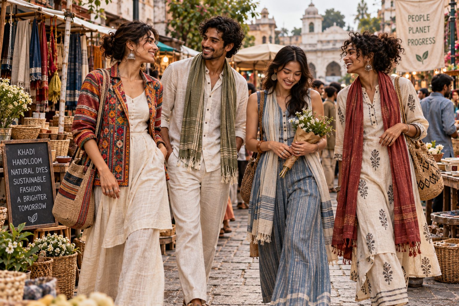 Group of friends in khadi outfits at a street market, embodying community and sustainable fashion.