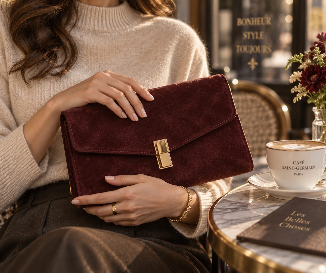 Close-up of hands holding burgundy suede clutch in soft light