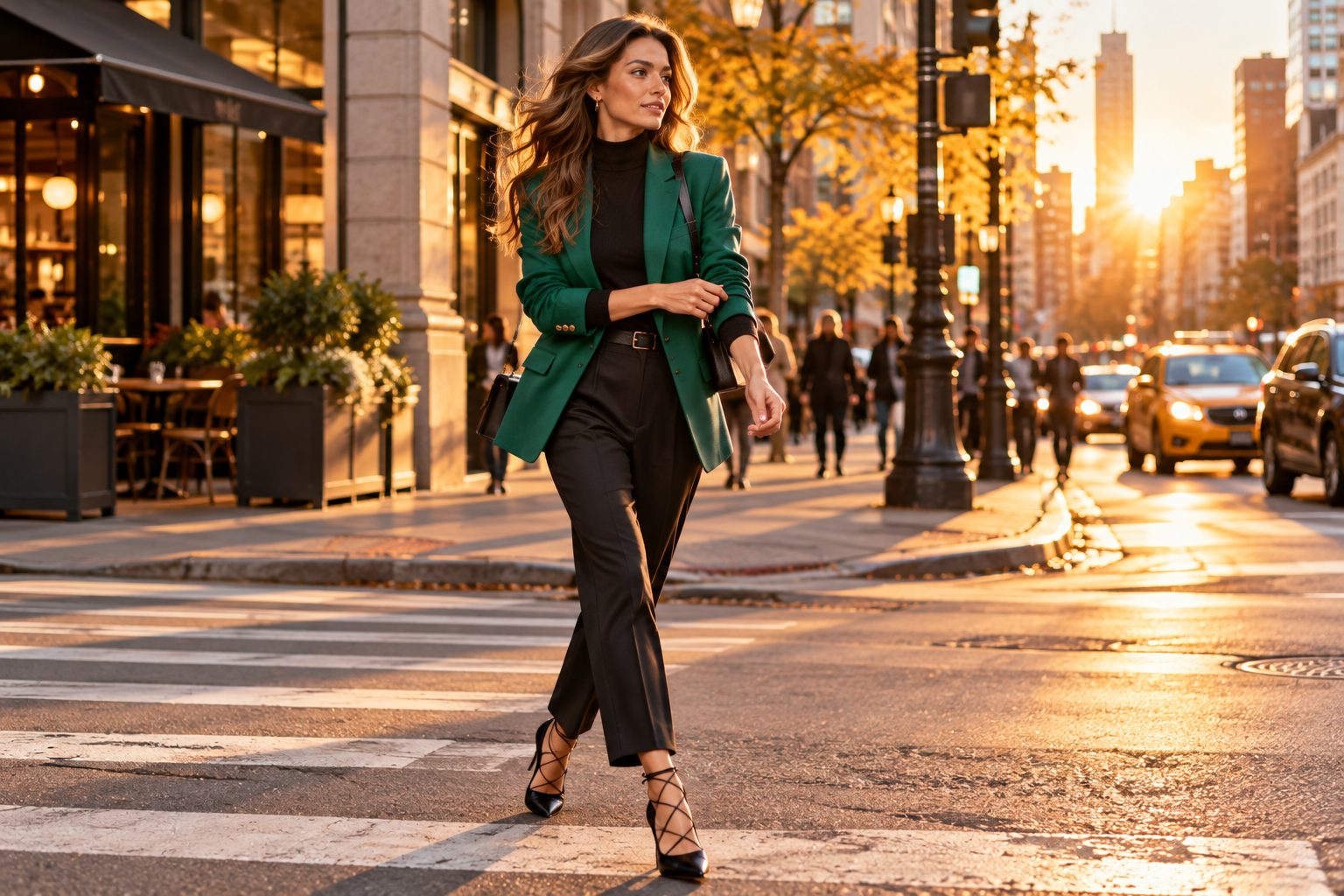 Model in tailored emerald green blazer and black lace-up heels, confidently walking in golden hour light.
