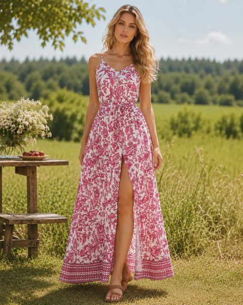 Women Spaghetti Strap Waist Tie Up Floral Print A-Line Dress