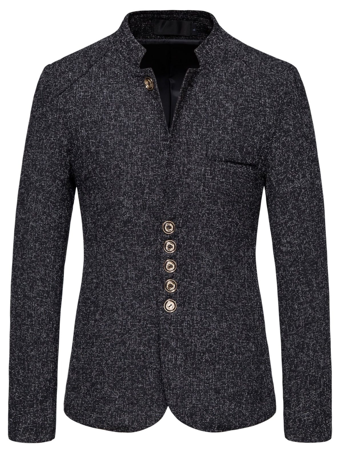 Black Marled Single Breasted Stand Collar Blazer