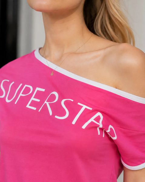 One Shoulder Contrast Trim Typographic Print Top