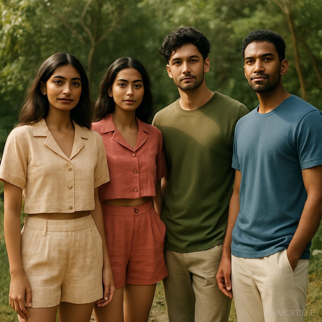 Diverse models in small-batch handcrafted clothing in a lush outdoor setting.