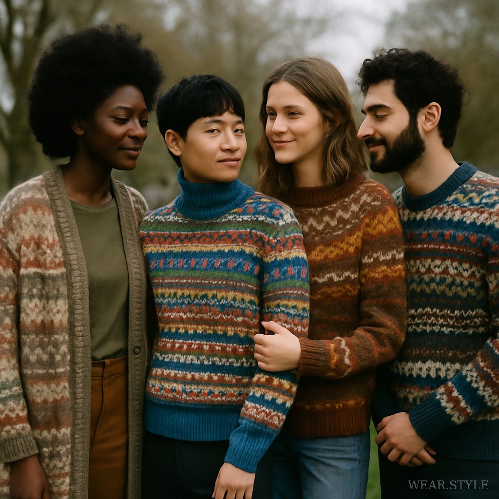 Group of models in Fair Isle knitwear enjoying a day in the park.