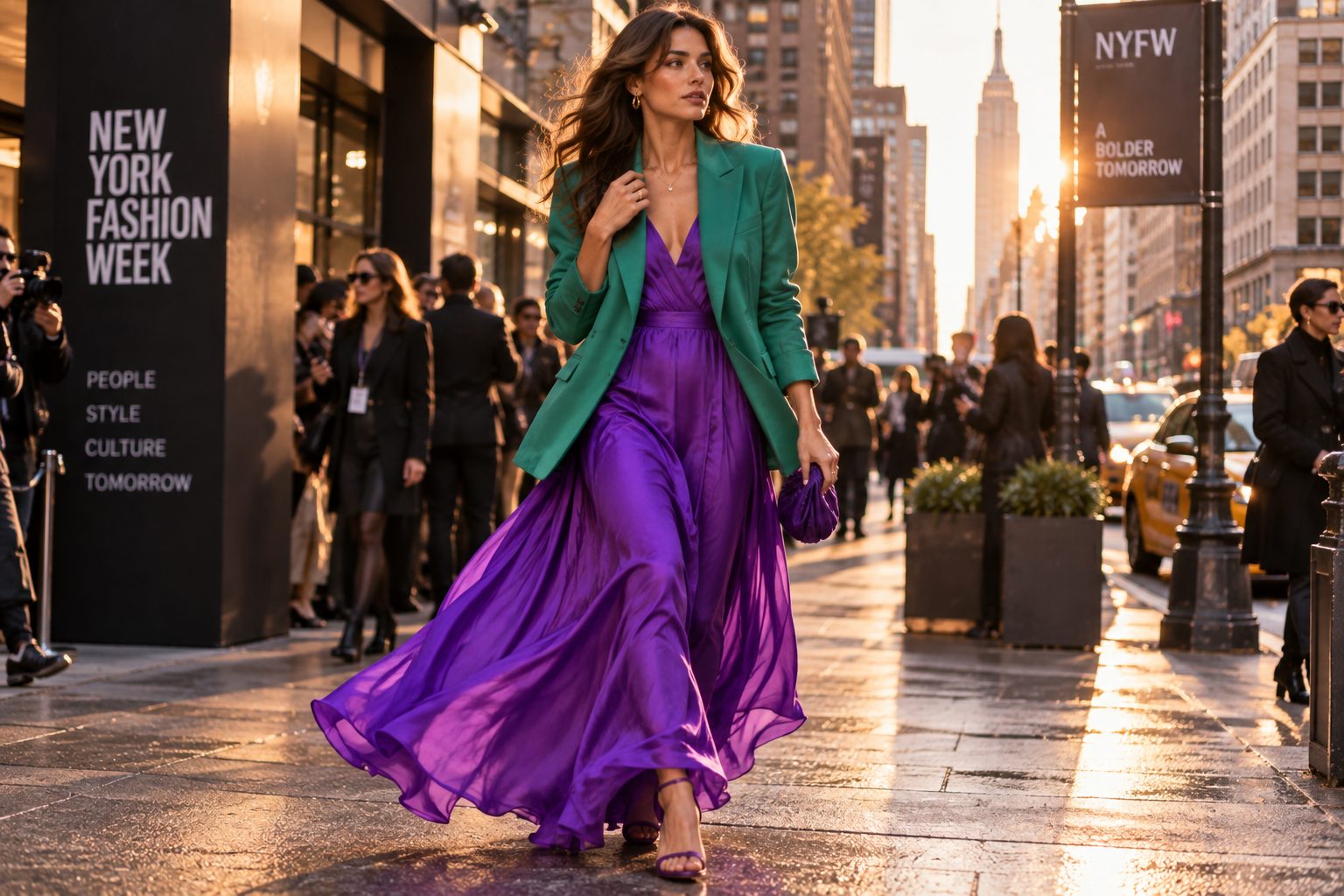Model in electric violet dress and sea green blazer on New York street during Fashion Week.
