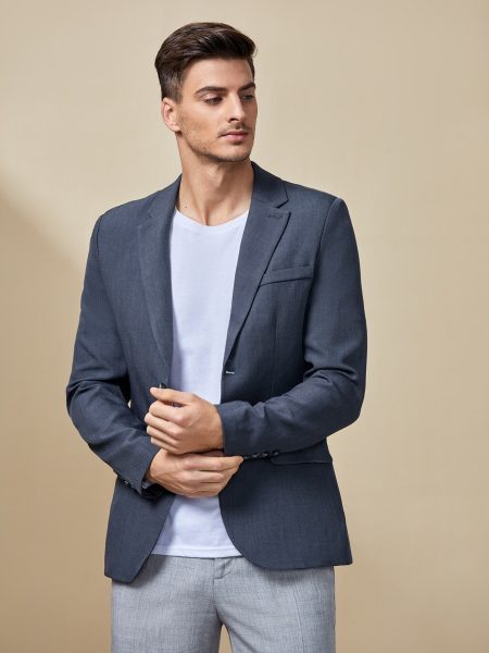Navy Blue Single Breasted Lapel Collar Flap Detail Blazer