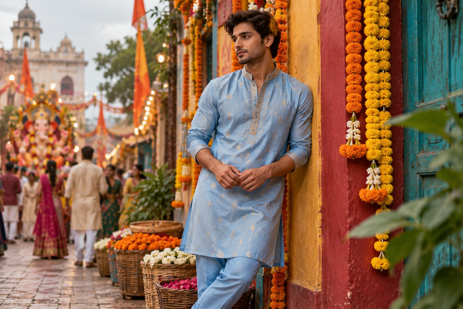 Man in sky blue kurta-pajama set leaning against a colorful wall during festivities.