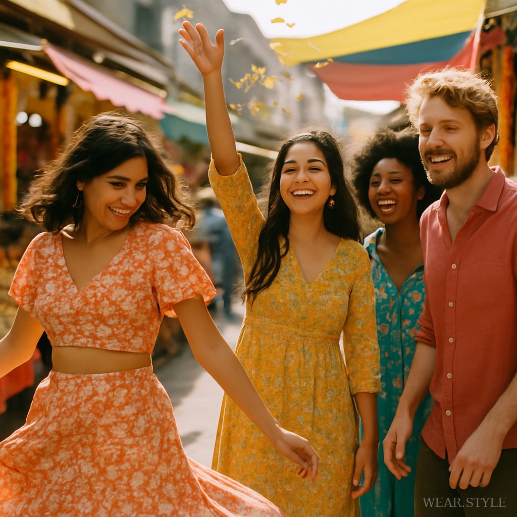 Friends celebrating in colorful festive attire at a bustling market