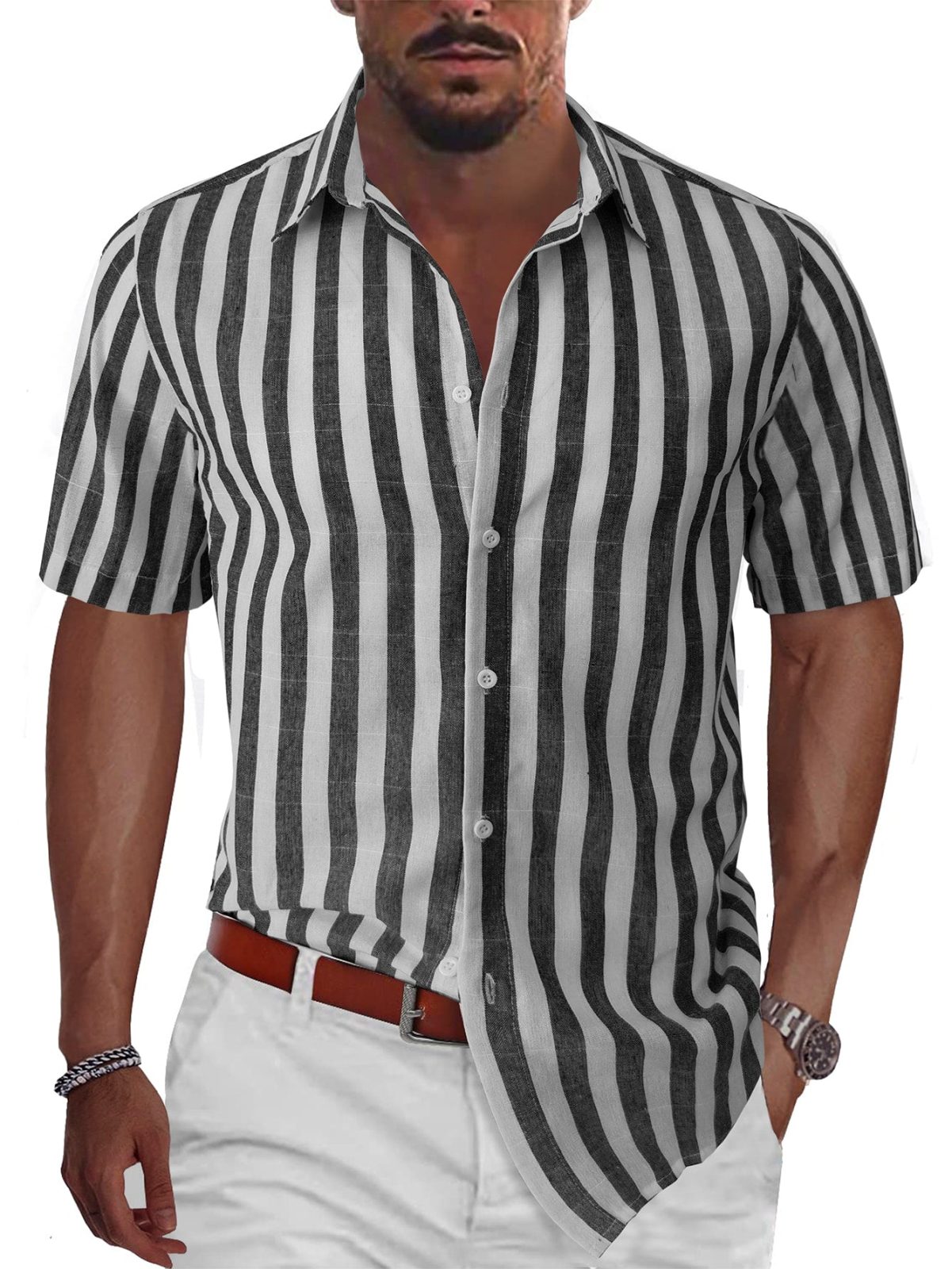 Striped Print Button Front Short Sleeve Shirt
