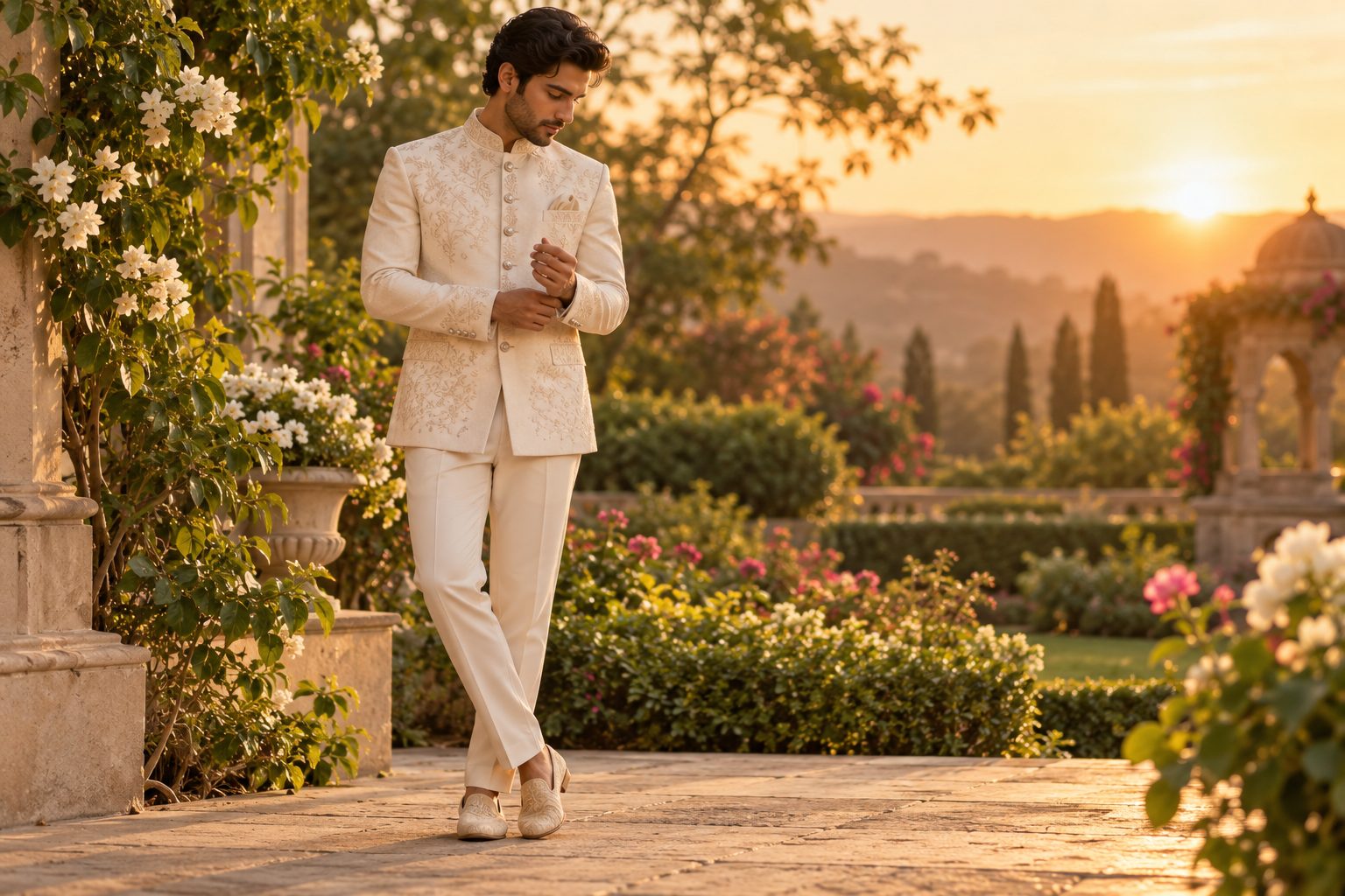 Male model in ivory bandhgala jacket adjusting cuff in lush garden during golden hour.