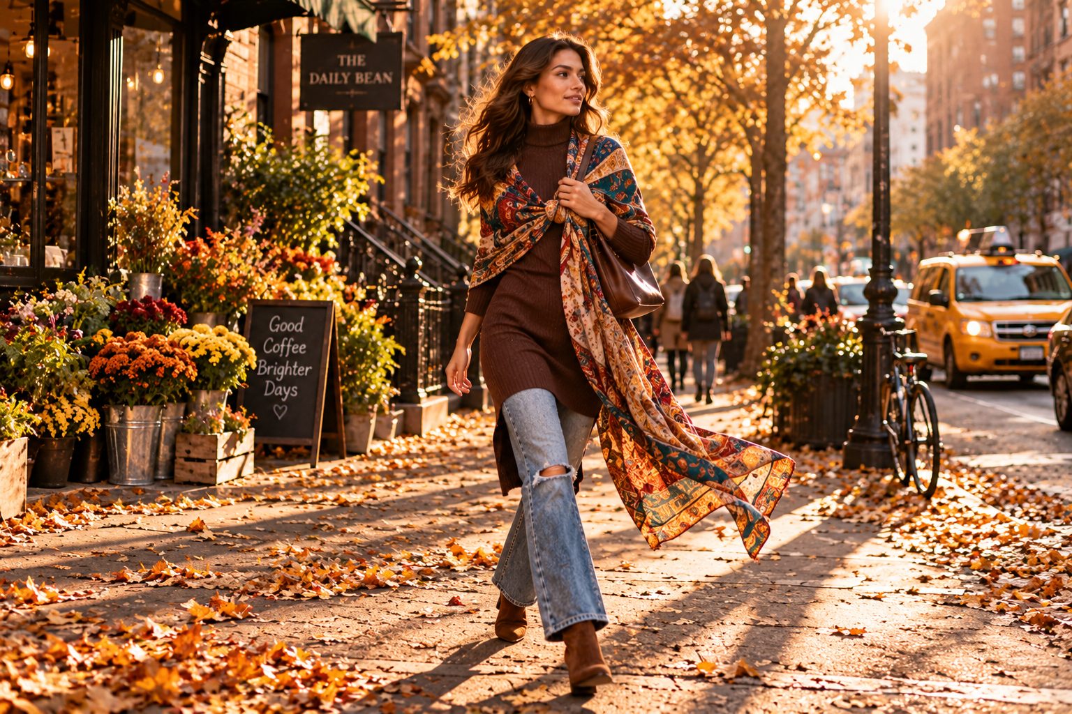 Woman in vibrant sarong and turtleneck dress walking on autumn street