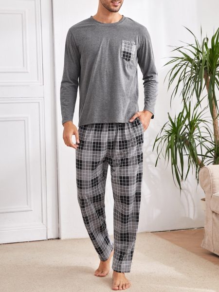 Round Neck Plaid Pocket Tee and Trousers Lounge Sleepwear Set