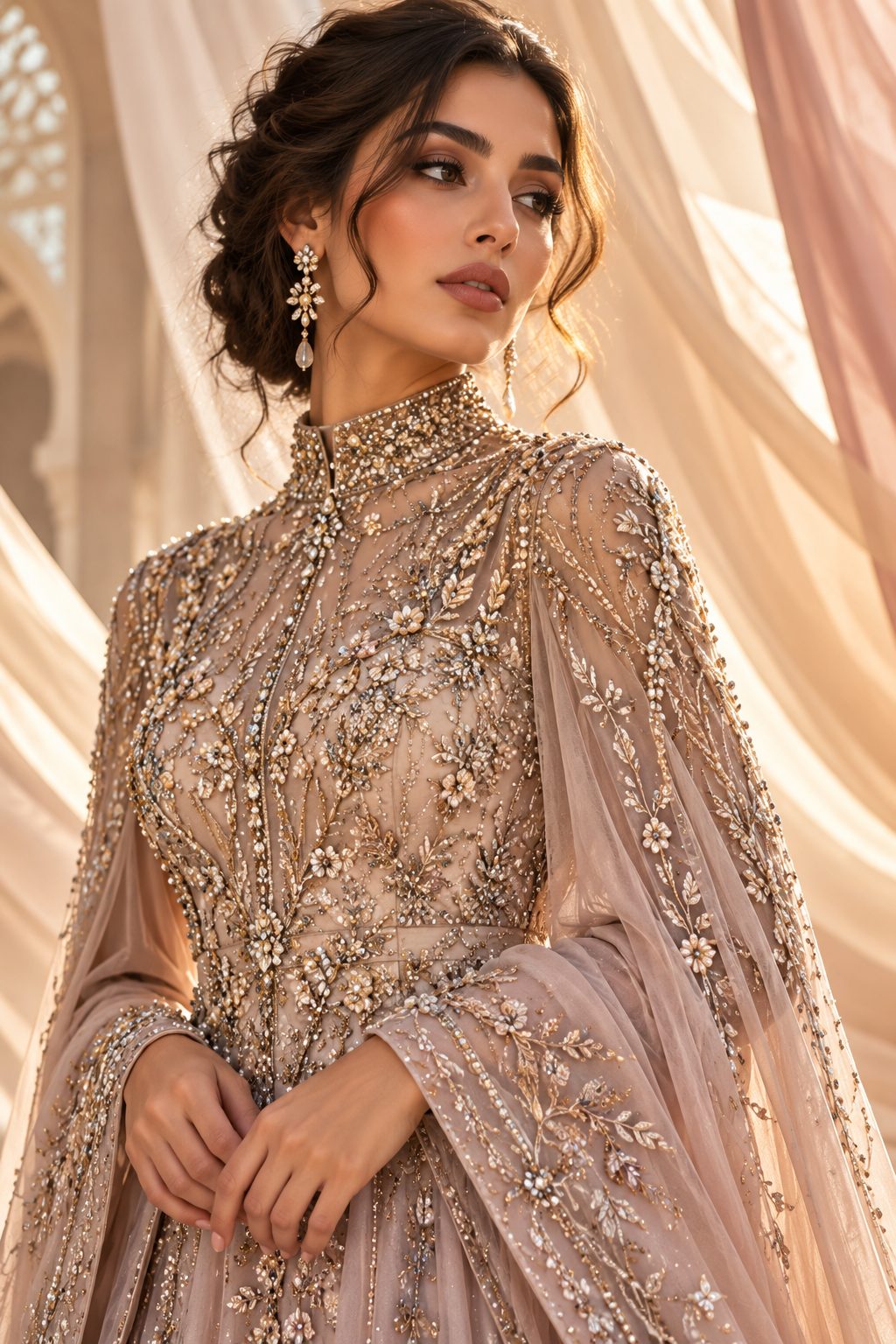 Close-up of a model in an embellished gown with intricate beadwork.