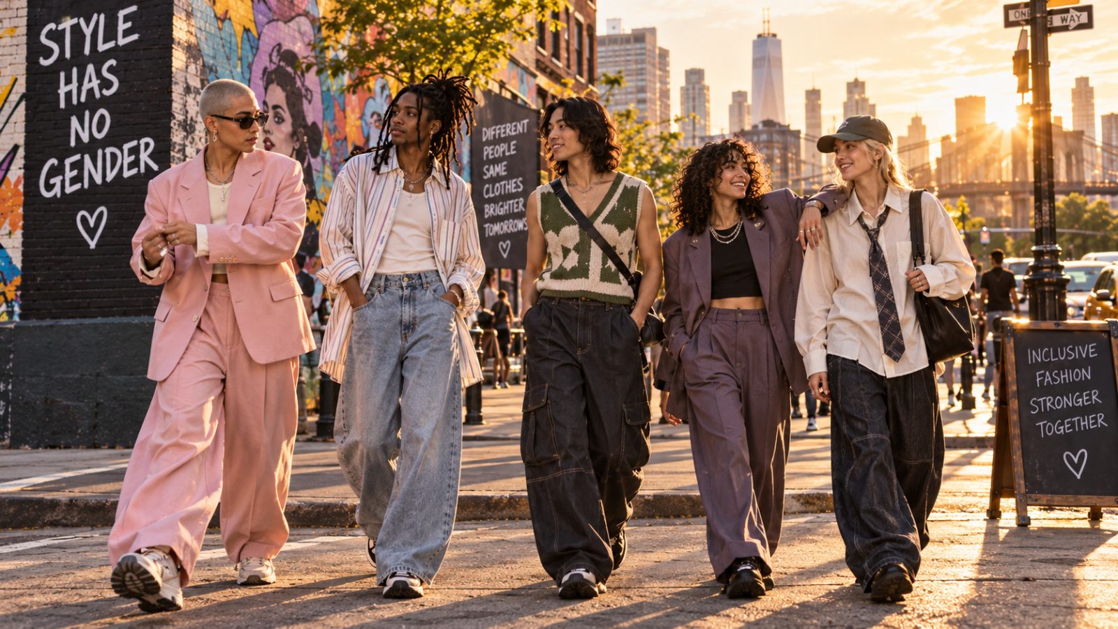Diverse models in gender-neutral fashion against a vibrant urban backdrop during golden hour.