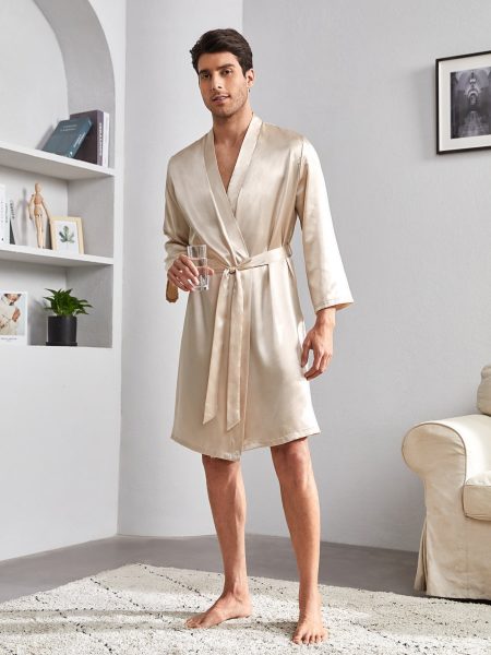 V-Neck Three Quarter Sleeve Satin Belted Sleepwear Robe
