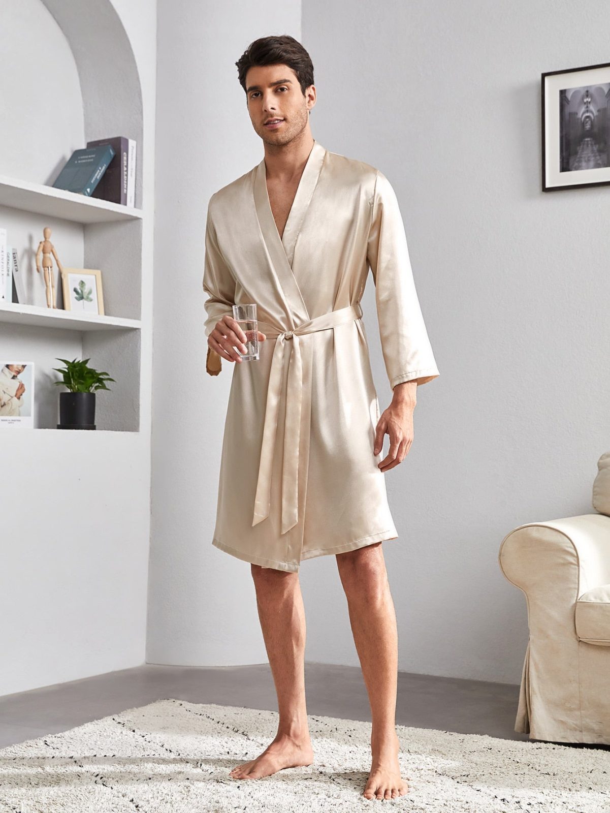 V-Neck Three Quarter Sleeve Satin Belted Sleepwear Robe