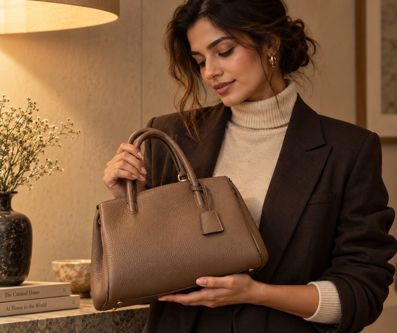 Close-up of a woman holding a pebbled leather handbag in soft light.