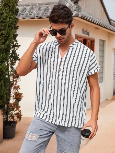 White Striped Print Half Button Batwing Sleeve Shirt