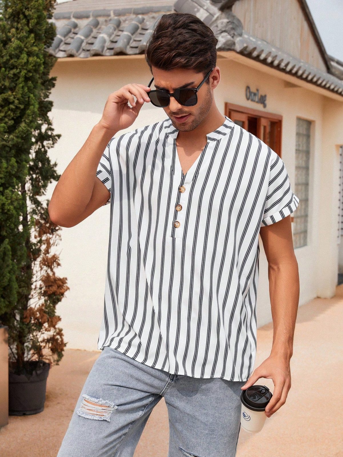White Striped Print Half Button Batwing Sleeve Shirt