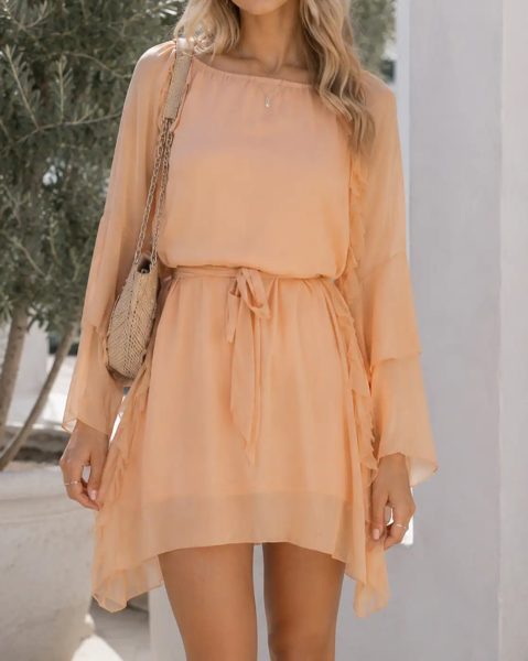 Peach Full Sleeve Tie-Up Mini Shift Dress