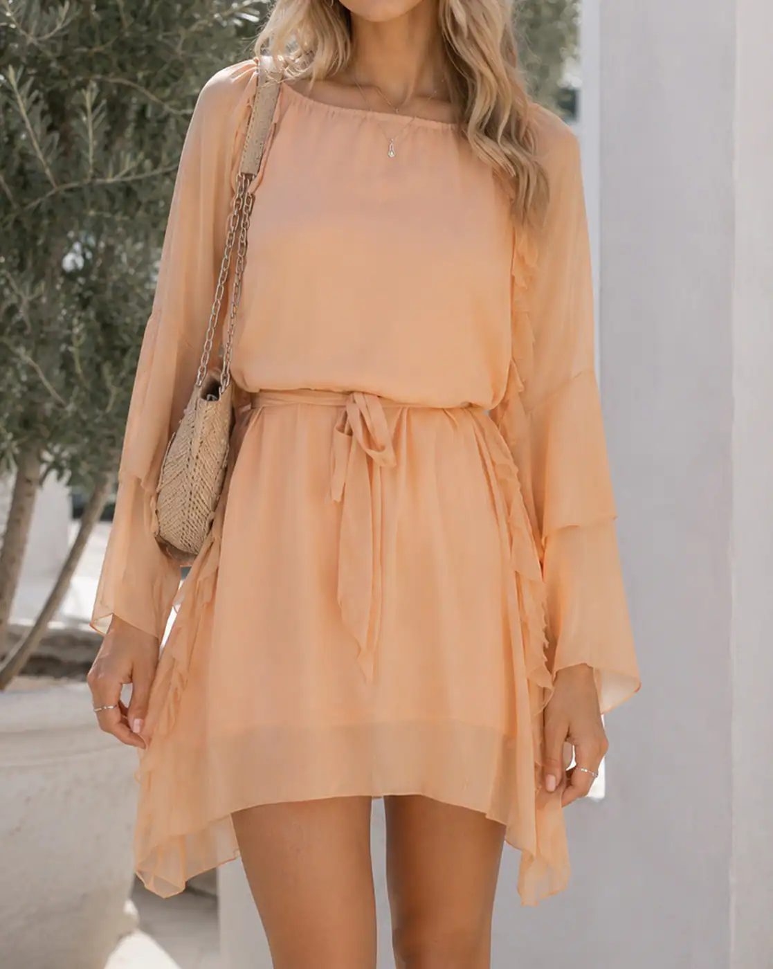 Women Full Sleeve Waist Tie Up Mini Shift Dress
