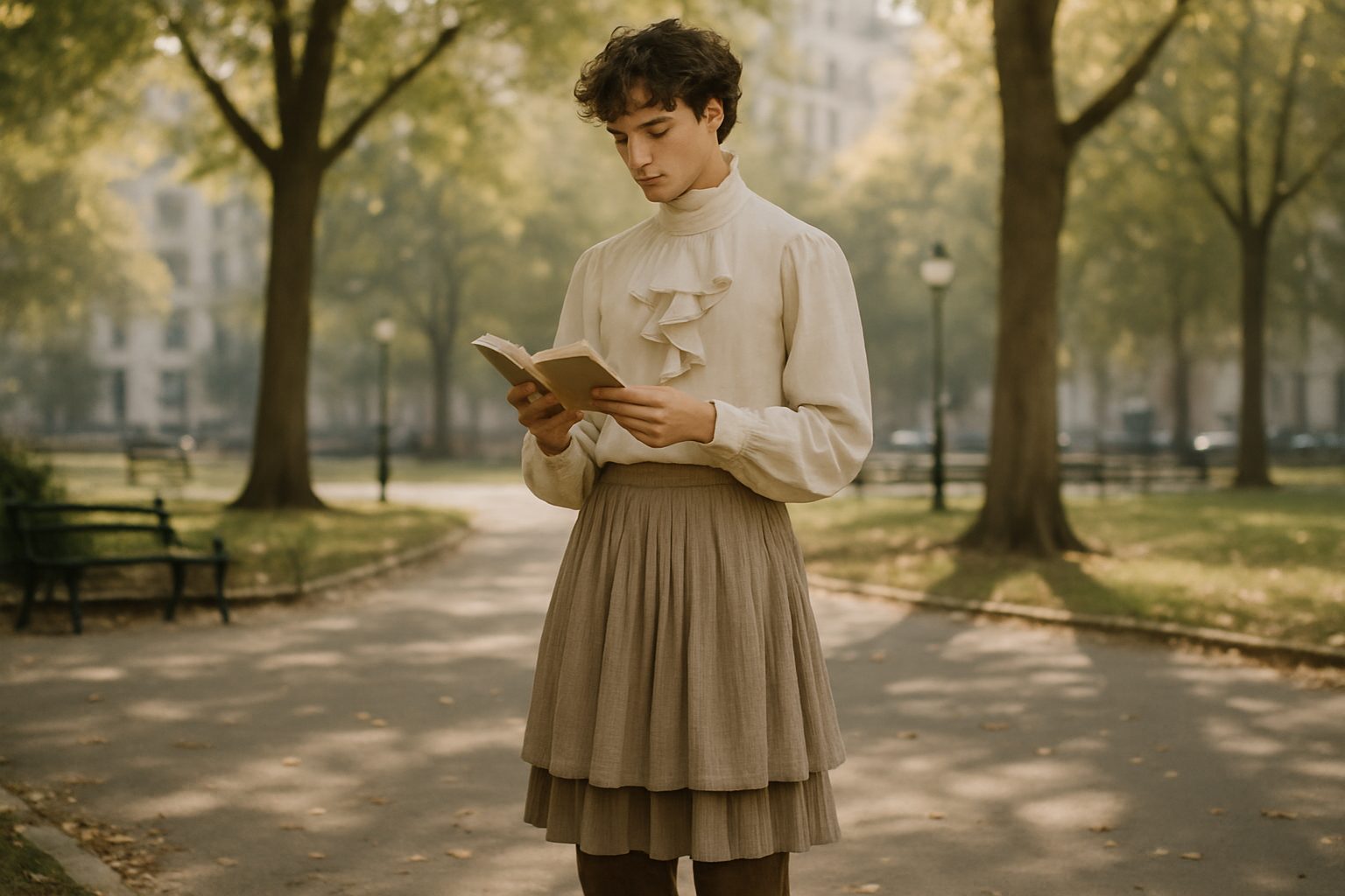Male model in poetcore fashion, showcasing romantic and intellectual style in a sunlit park.