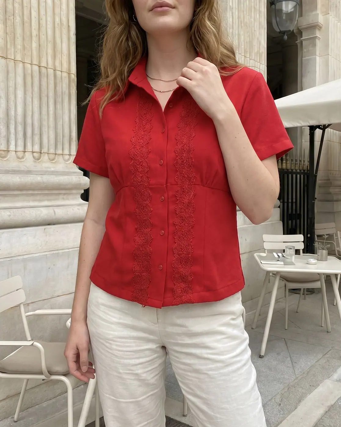 Spread Collar Short Sleeve Lace Detail Panelled Shirt